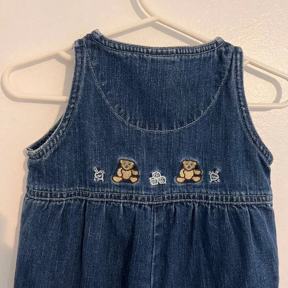 Vintage Baby OshKosh B'Gosh Blue Denim Overalls Romper Teddy Bear 3-6 Months